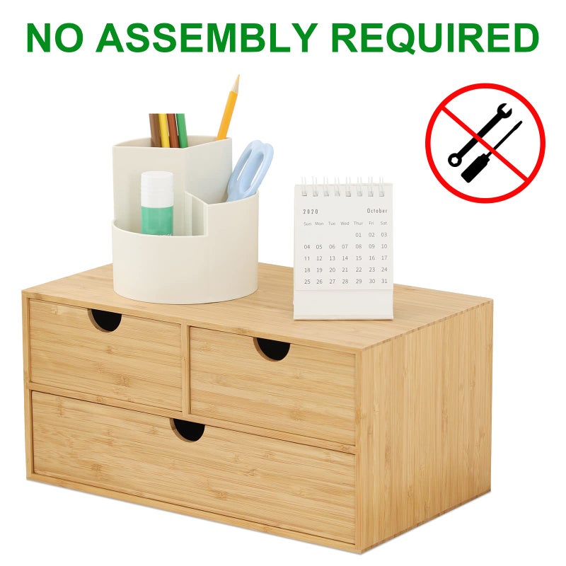 Wisuce Bamboo Desk Organizer - Mini Desktop Drawer Tabletop Storage Organization Box for Office Home Toiletries Supplies, No Assembly Required (3 Drawer) - Image 3